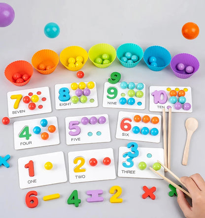 Wooden colourful sorting toy with beads and bowls