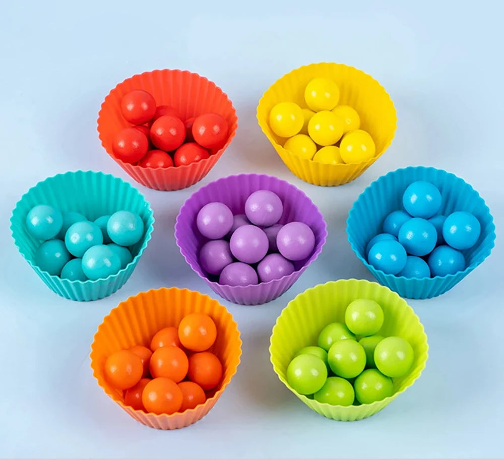 Wooden colourful sorting toy with beads and bowls