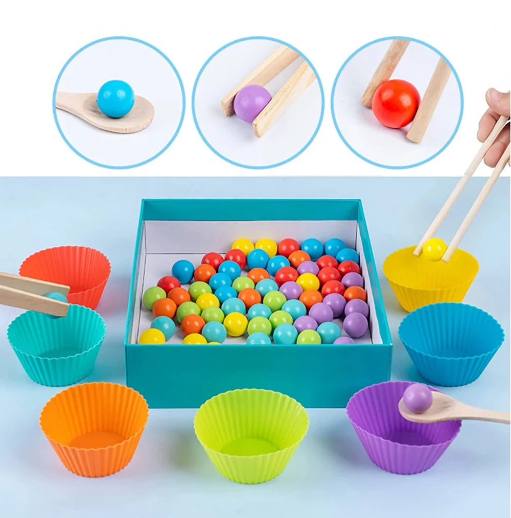 Wooden colourful sorting toy with beads and bowls