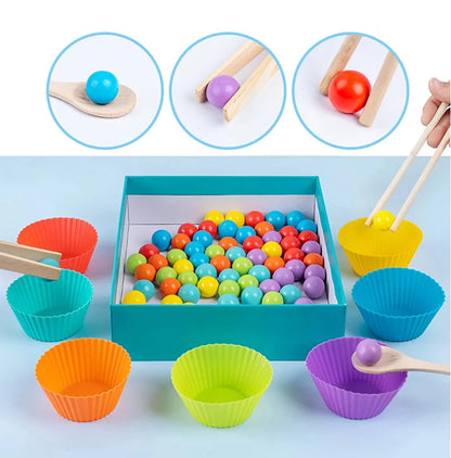 Wooden colourful sorting toy with beads and bowls
