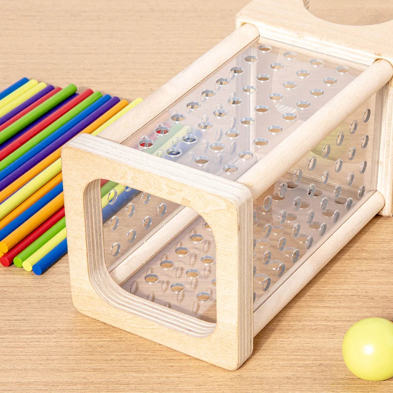 Wooden pegboard with colourful sticks and a ball 