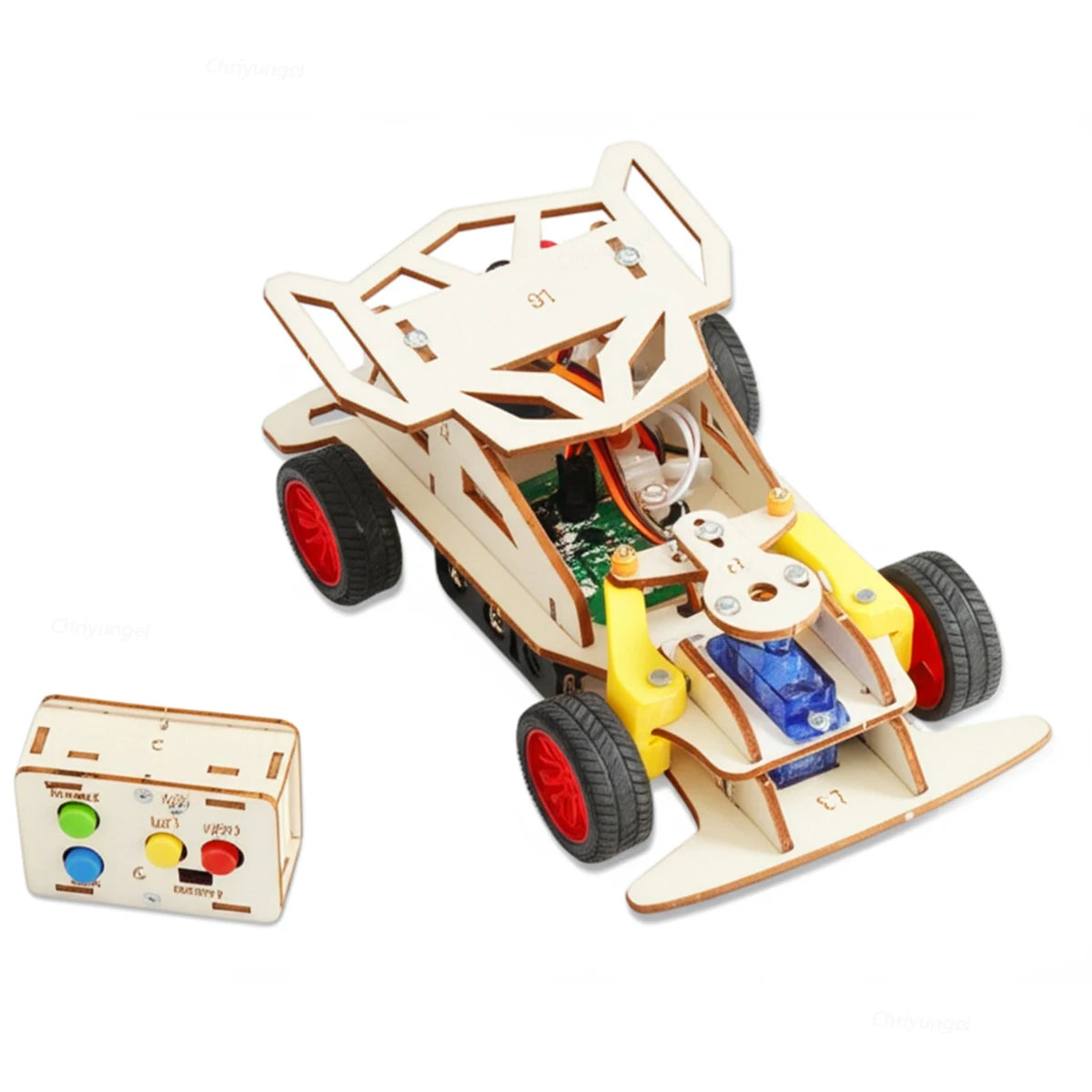 Wooden remote control car kit with a control unit 
