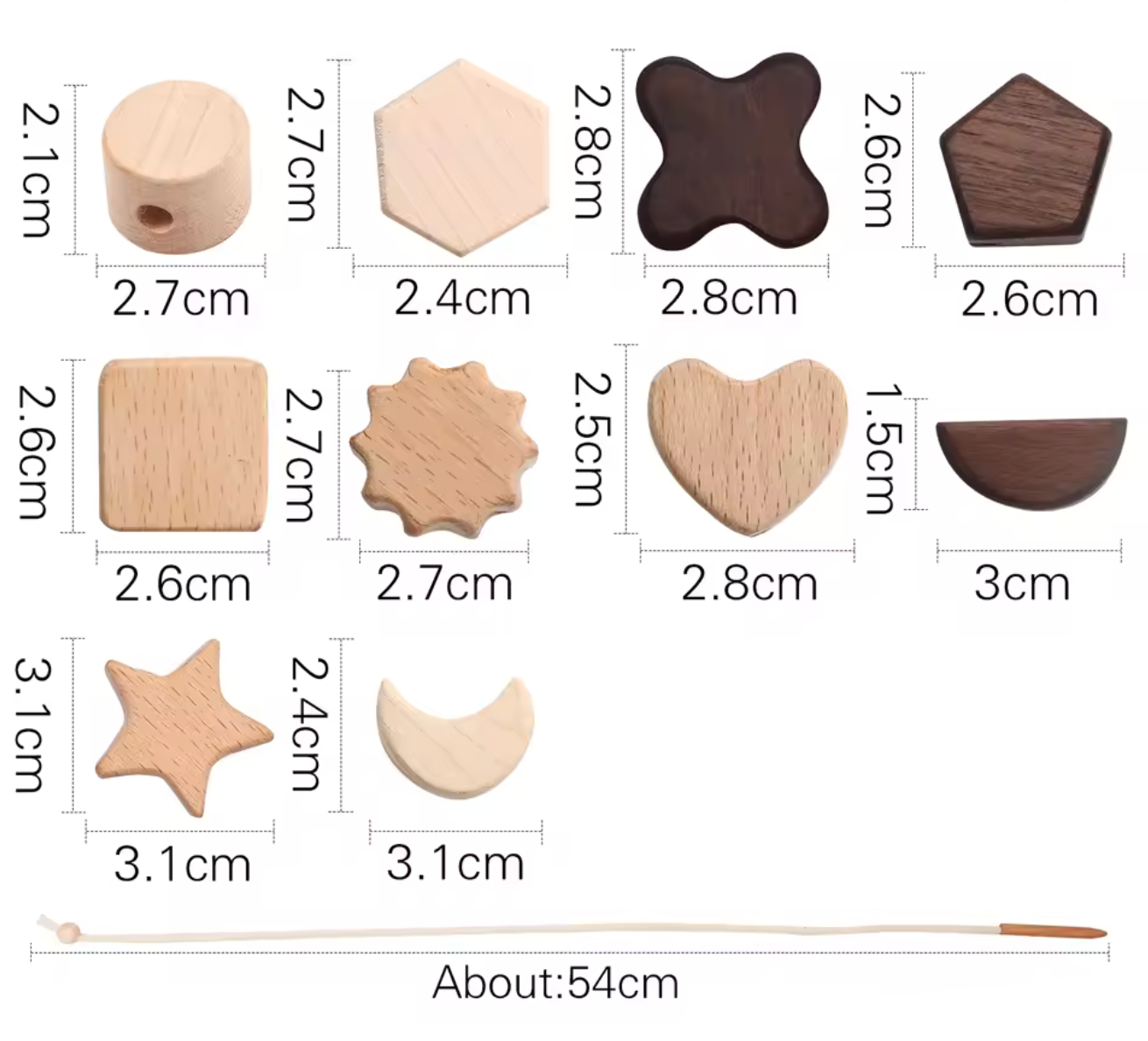 Wooden shapes with measurements on a white background