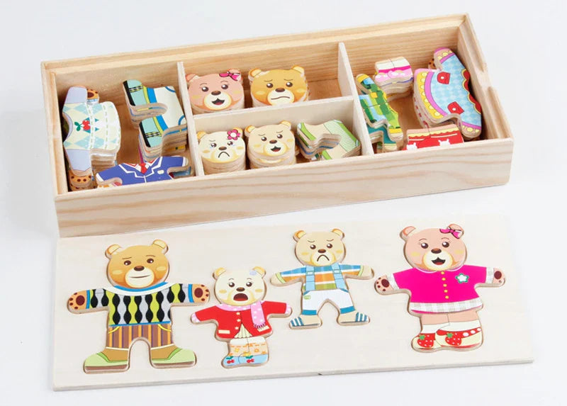 Wooden bear dress-up puzzle set with interchangeable clothes and expressions