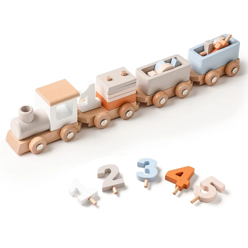 Wooden toy train set with numbered carriages 