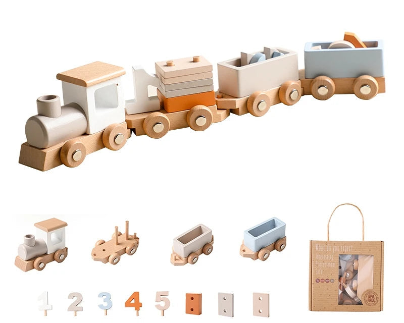 Wooden toy train set with various carriages and accessories 