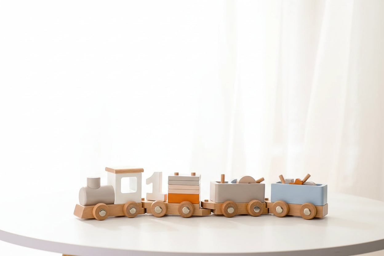 Wooden train toy on a white table.