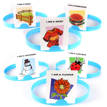 Colourful card game with illustrations of a fence, shirt, snowman, ladybug, and flower 