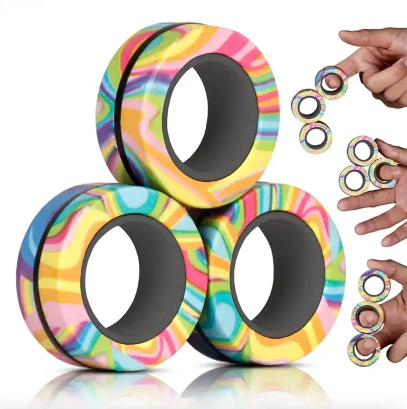 WonderCalm Magnetic Rings on a flat surface showing colourful fidget toy design