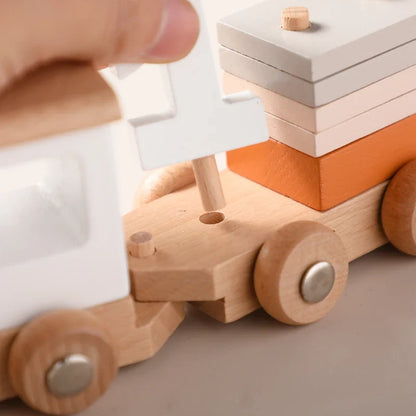 Close-up wooden train connector piece