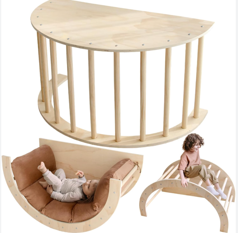 Wooden children's play furniture set with a swing, seat, and slide 